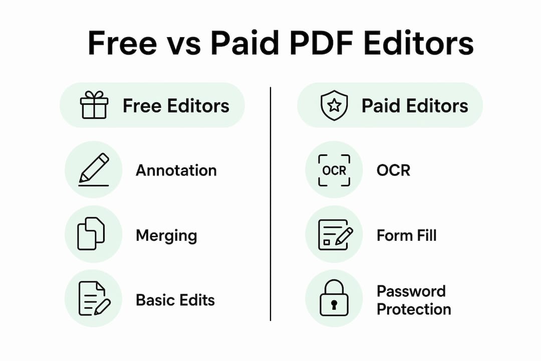 Infographic comparing free and paid PDF editor features