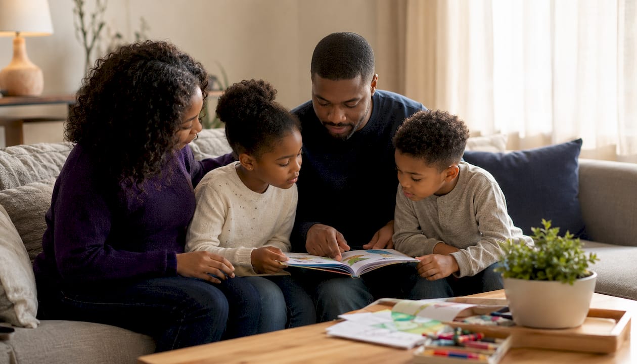 Family studying Bible verses together