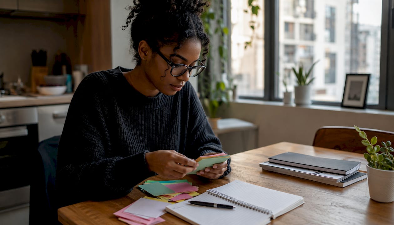 Student using flashcards at bedroom desk