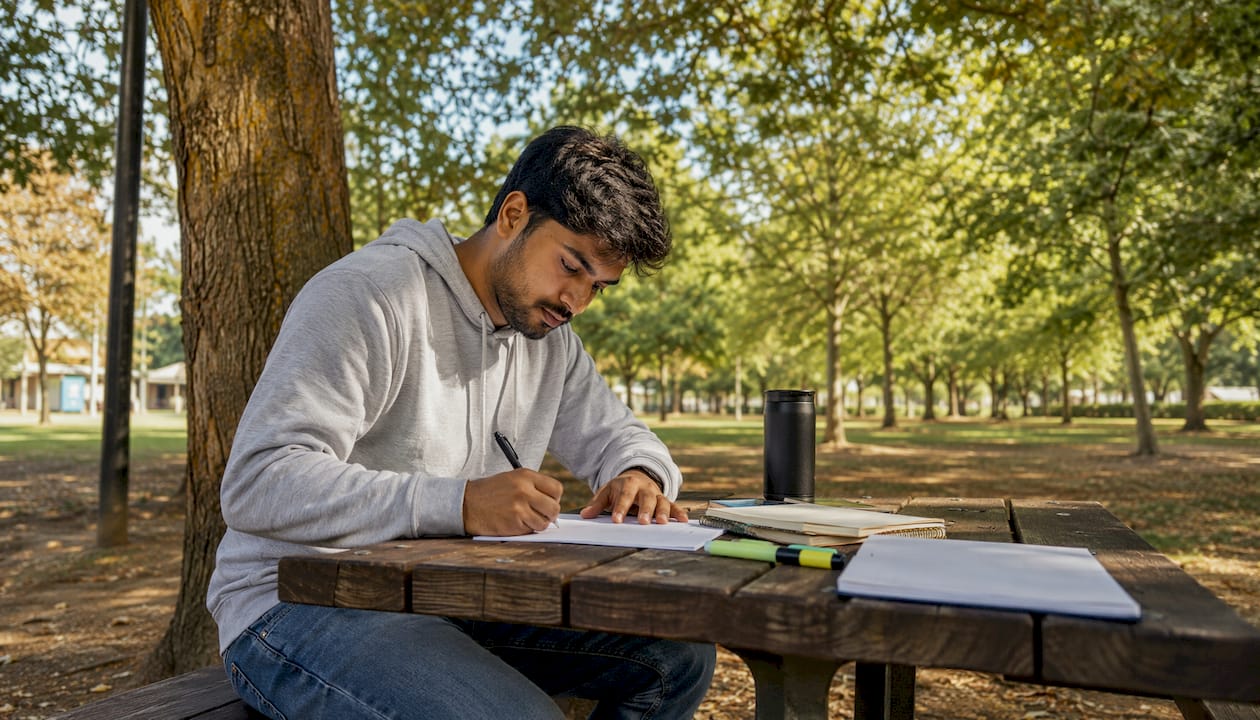 Student writing notes on blank paper in café