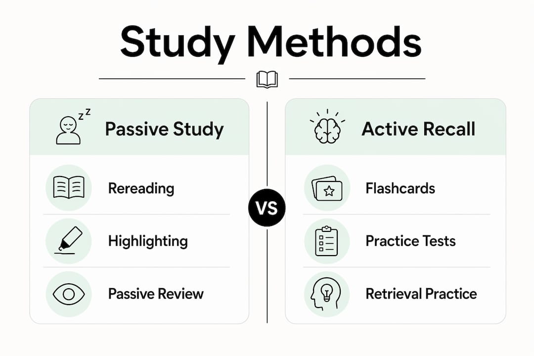 Infographic comparing active recall and passive study methods