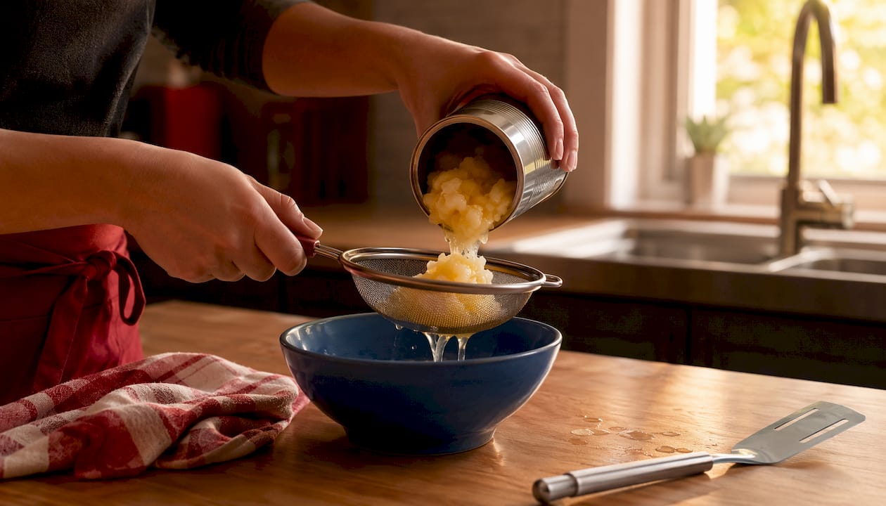 Hands draining crushed pineapple in kitchen