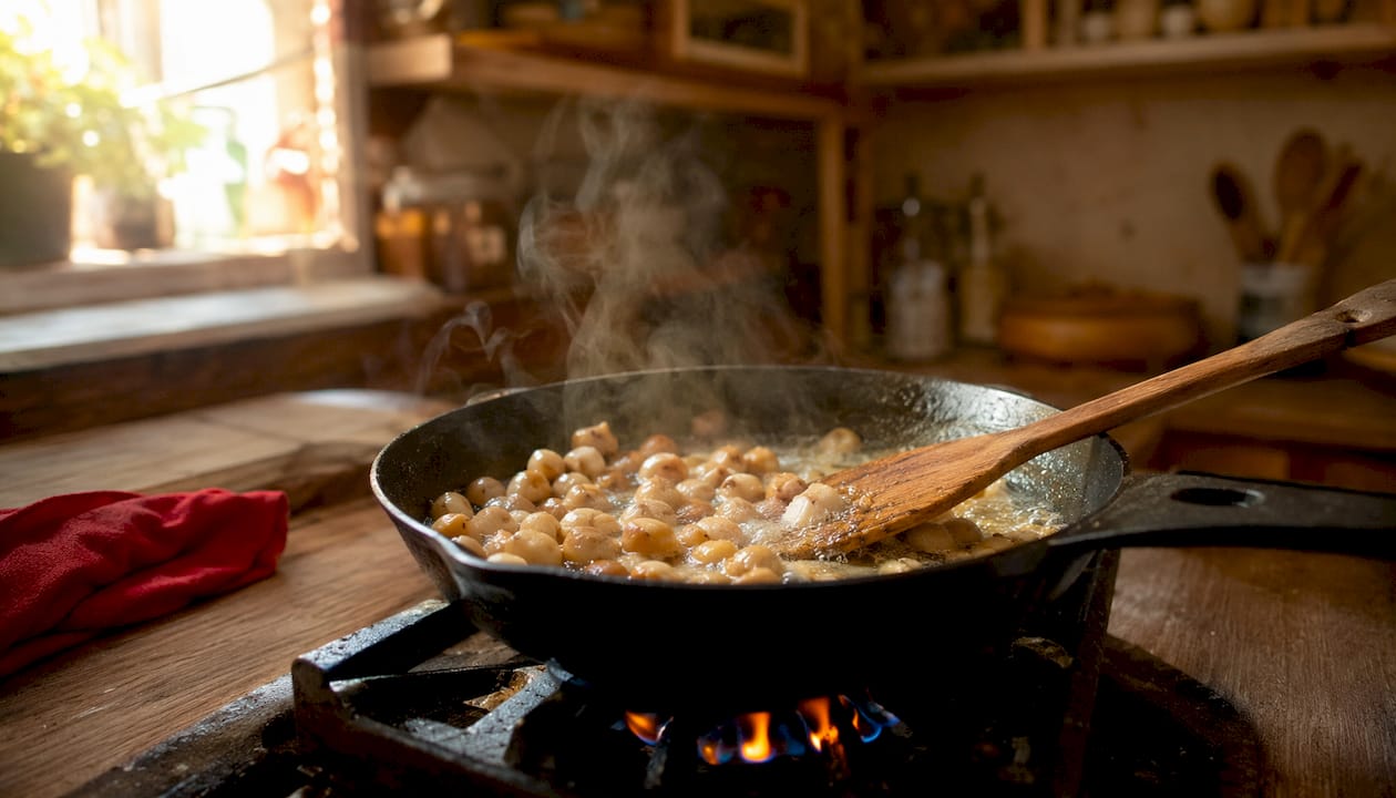 Macadamia nuts toasting in butter on stove