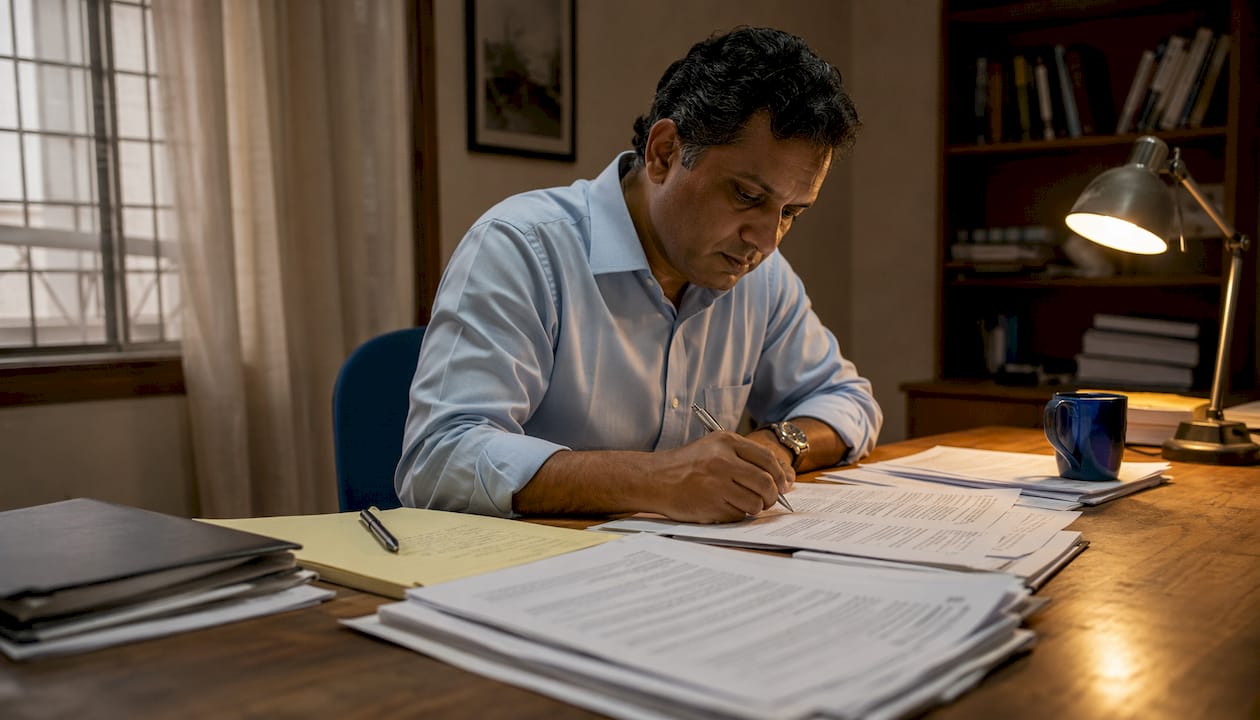Paralegal reviewing hearing transcripts at office table