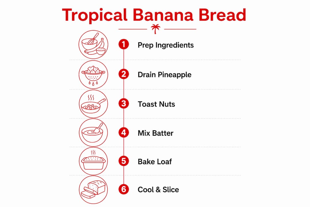 Infographic with tropical banana bread baking steps