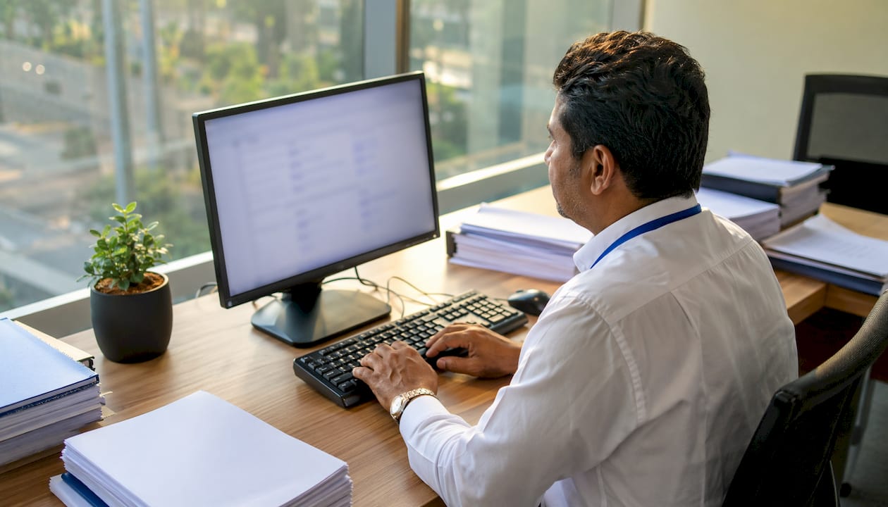 Procurement officer browsing eTender portal at desk