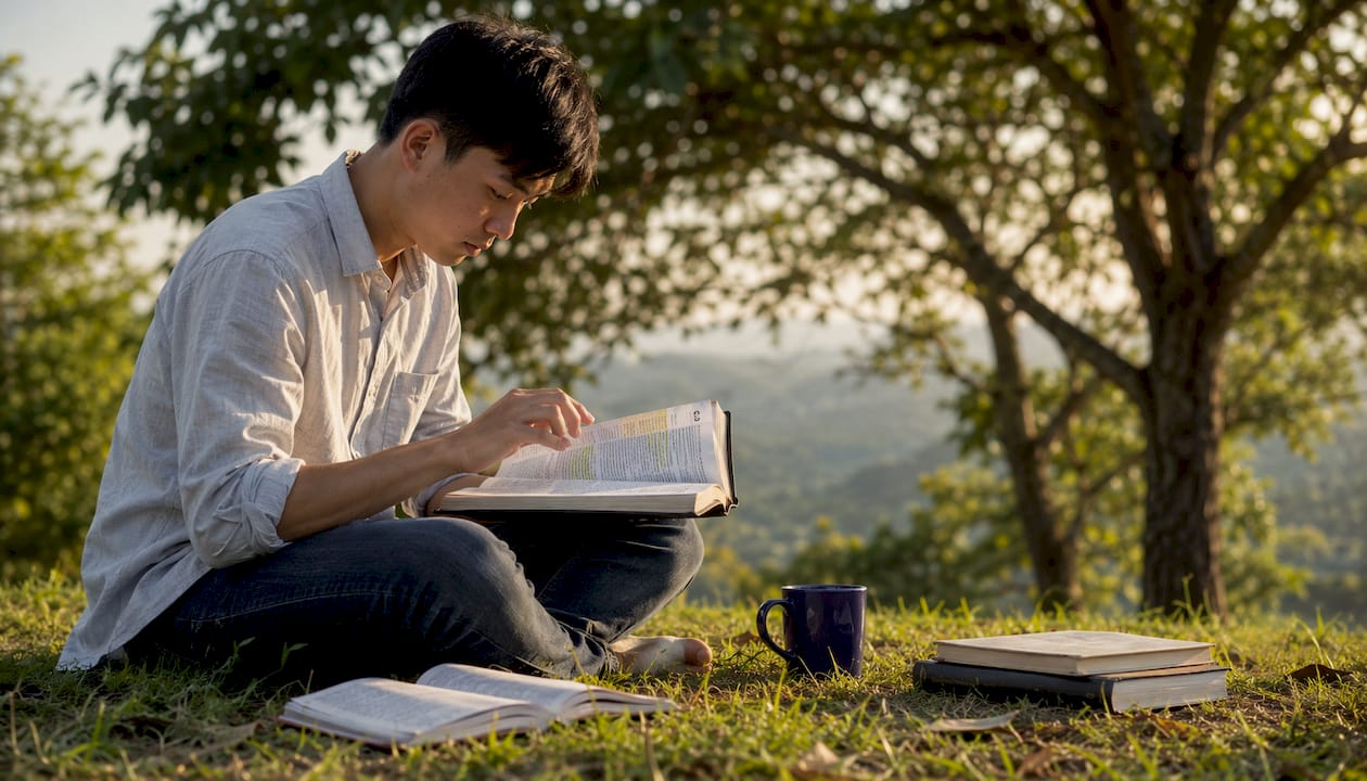 Man studying NKJV Bible with notes at home desk