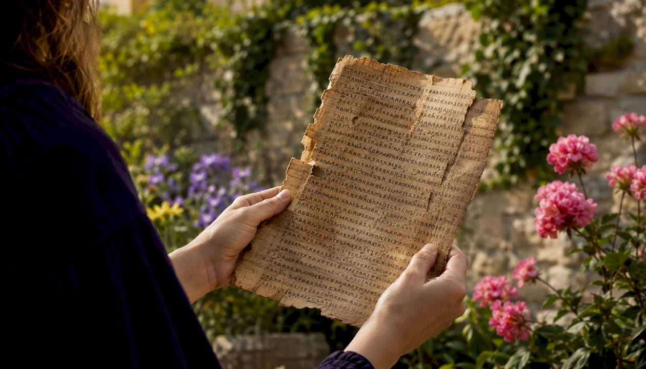 Hands holding ancient Greek Textus Receptus manuscript