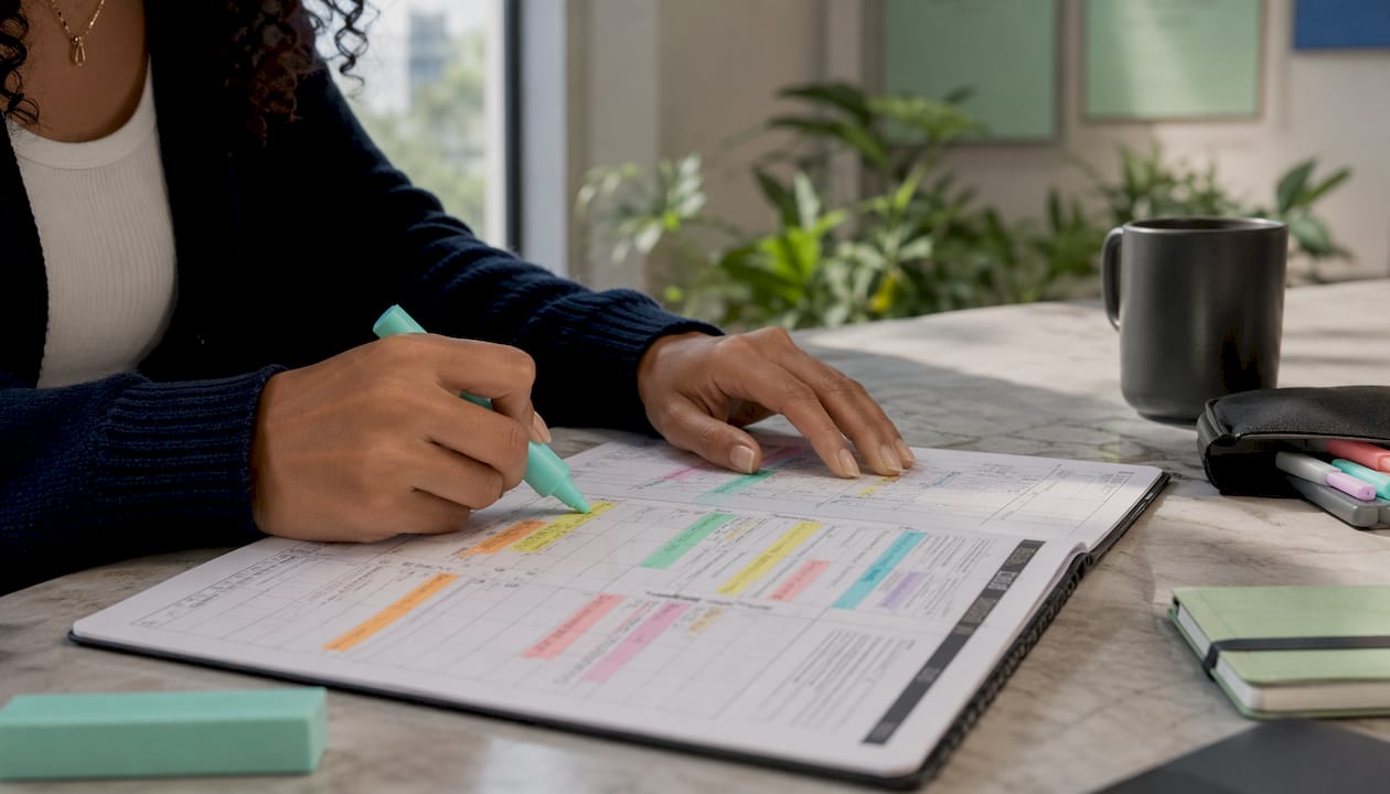 Hands interacting with weekly study planner layout