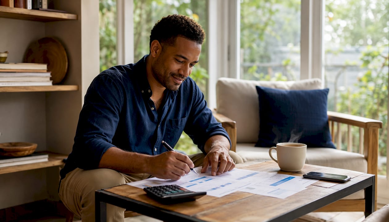 Homeowner reviewing solar panel ROI at kitchen table
