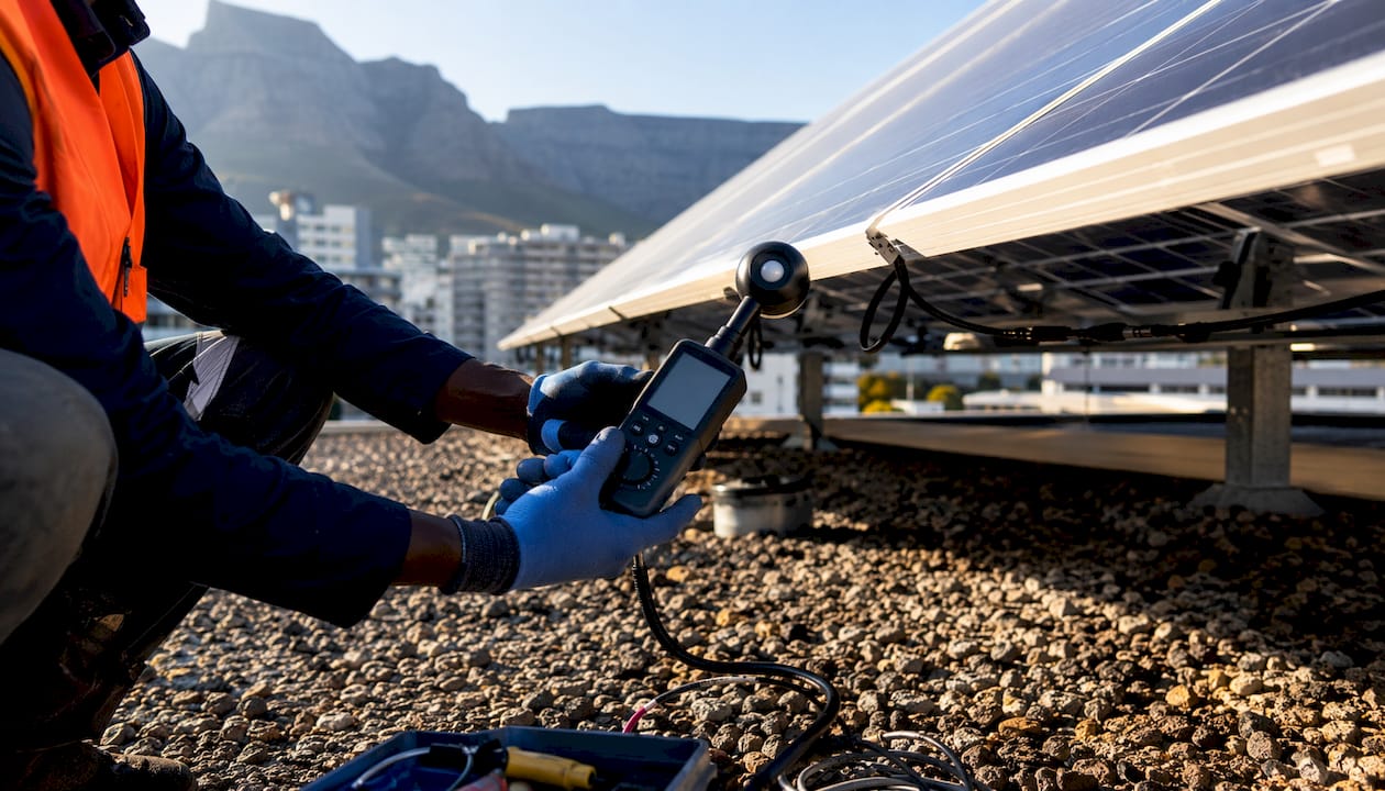 Technician measuring rear irradiance under solar panel