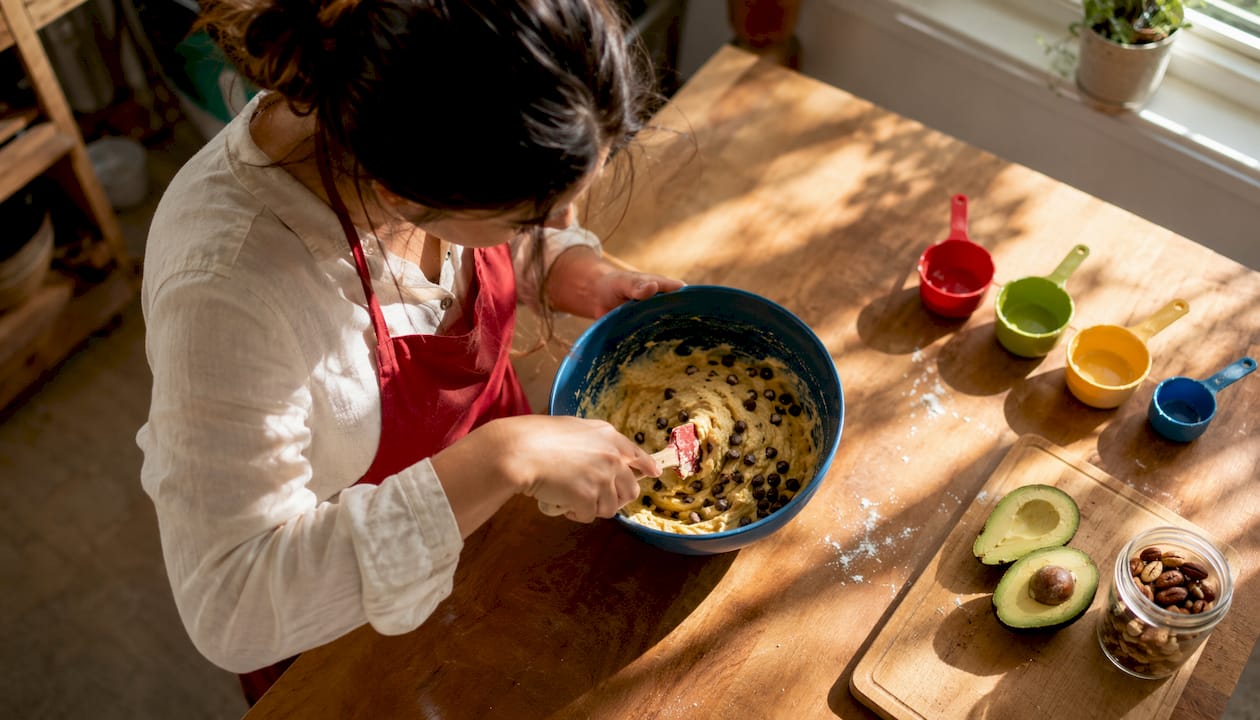 Hands folding apple into muffin batter