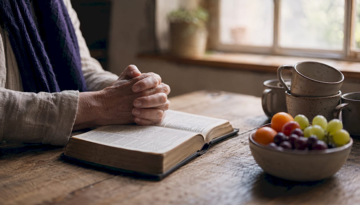 Manos unidas en oración sobre una Biblia abierta