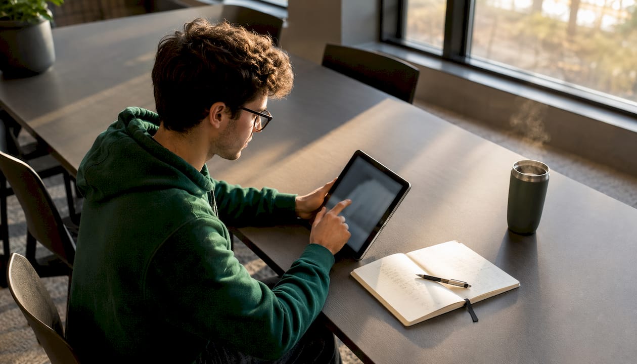 Ein Schüler arbeitet konzentriert mit den interaktiven Logicexcel-Übungen auf dem Tablet.