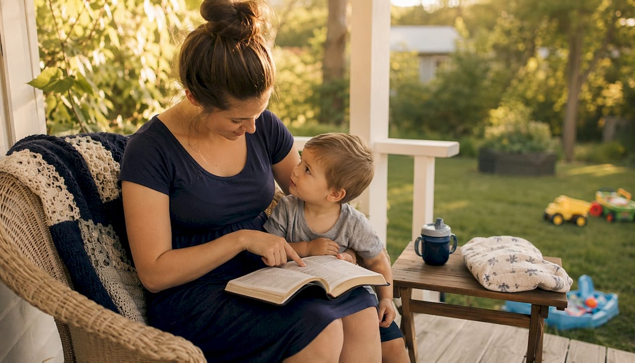 Mother reading Bible to toddler on couch