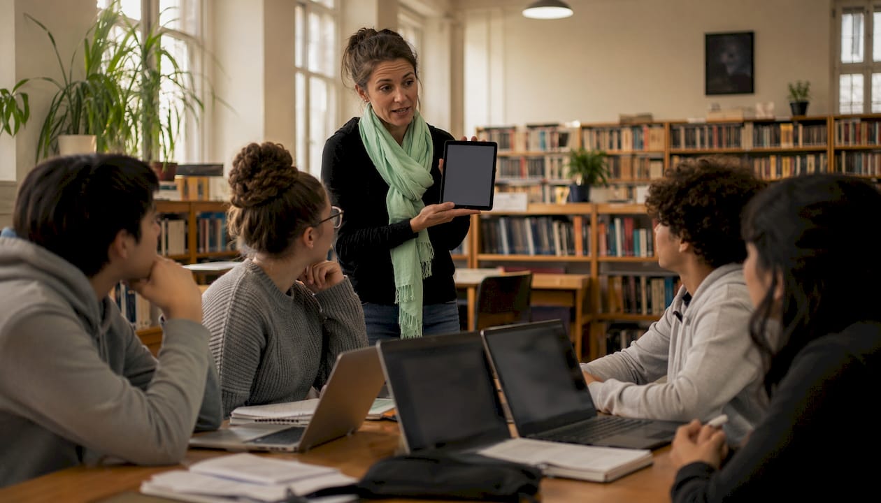 Teacher presenting digital notes with students