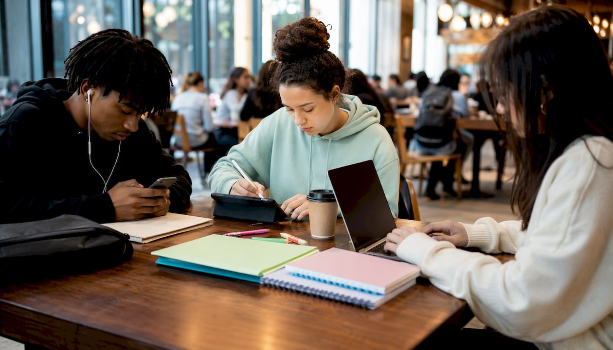 Students studying and taking notes on digital devices