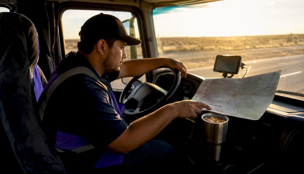 Truck driver consulting map inside cab