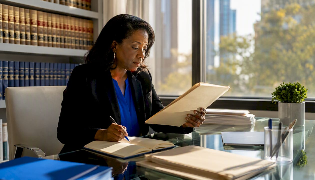 Legal researcher reviewing commission case file
