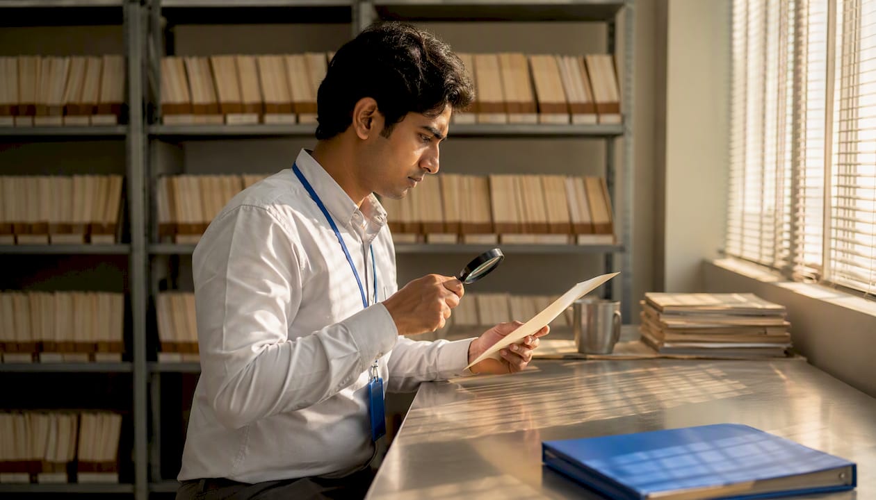 Archivist examining official document for authenticity