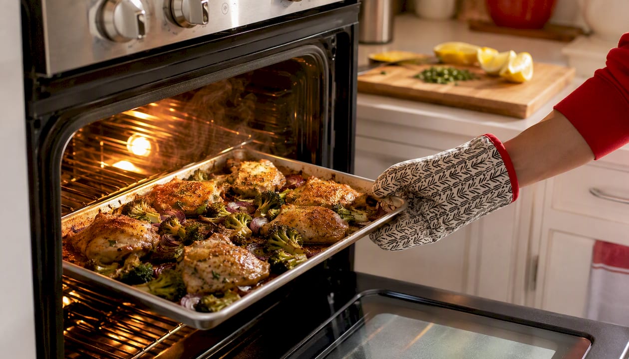 Hot sheet pan with roasted chicken and broccoli
