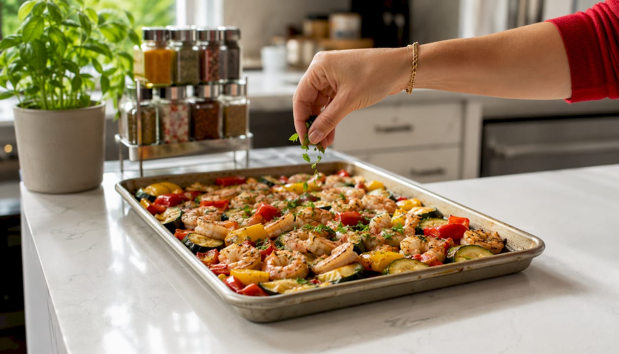 Garlic shrimp with roasted vegetables on sheet pan