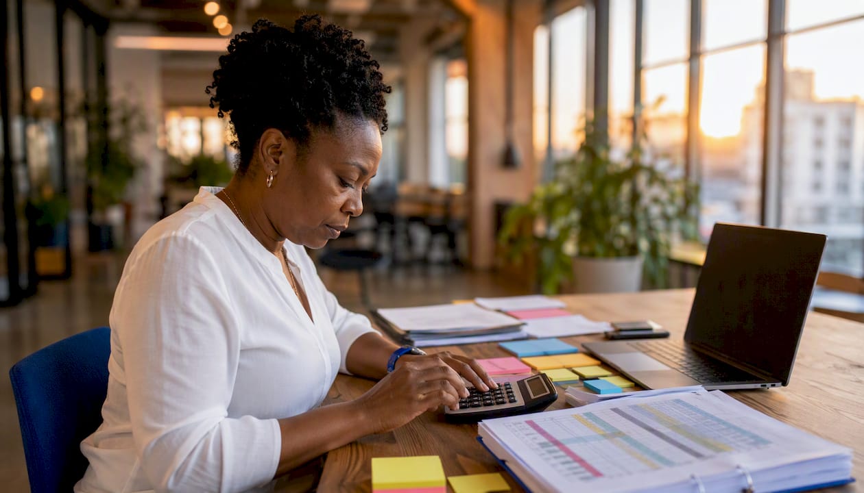 Hands inputting tender scores on calculator and spreadsheet