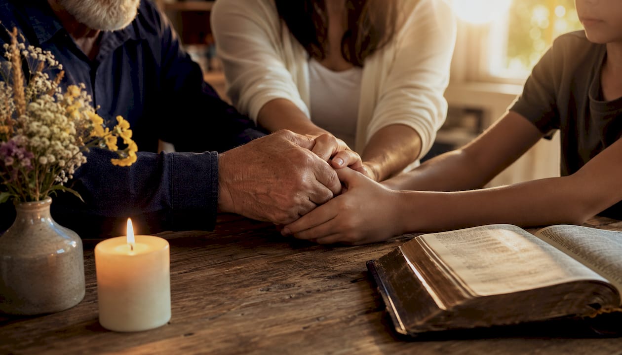 Una familia de varias generaciones se reúne, tomados de las manos, para orar juntos.