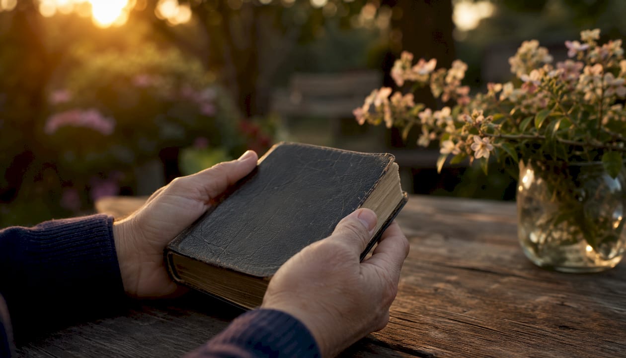 Mani che sfogliano una Bibbia immersi nella tranquillità di un giardino.