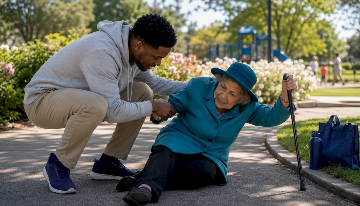Man helping elderly woman in park