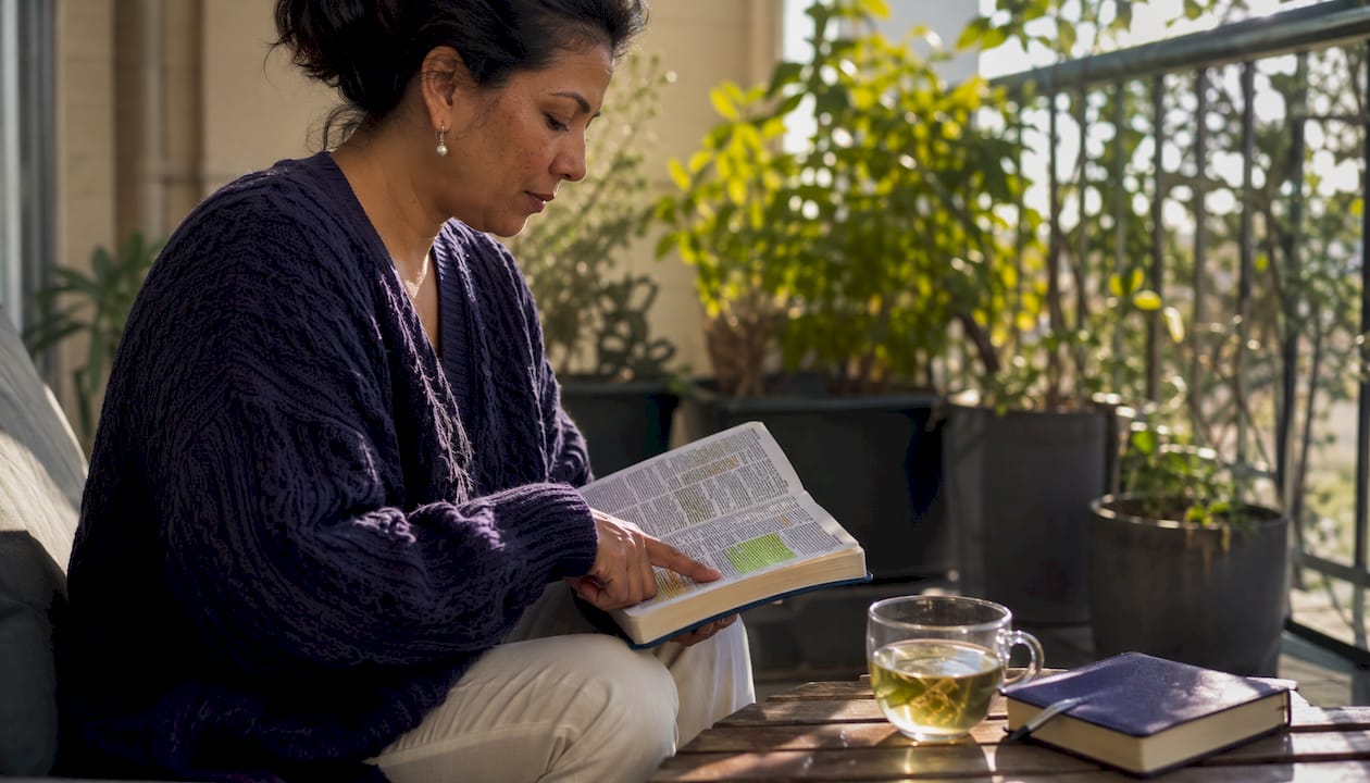 Woman reading Bible at kitchen table