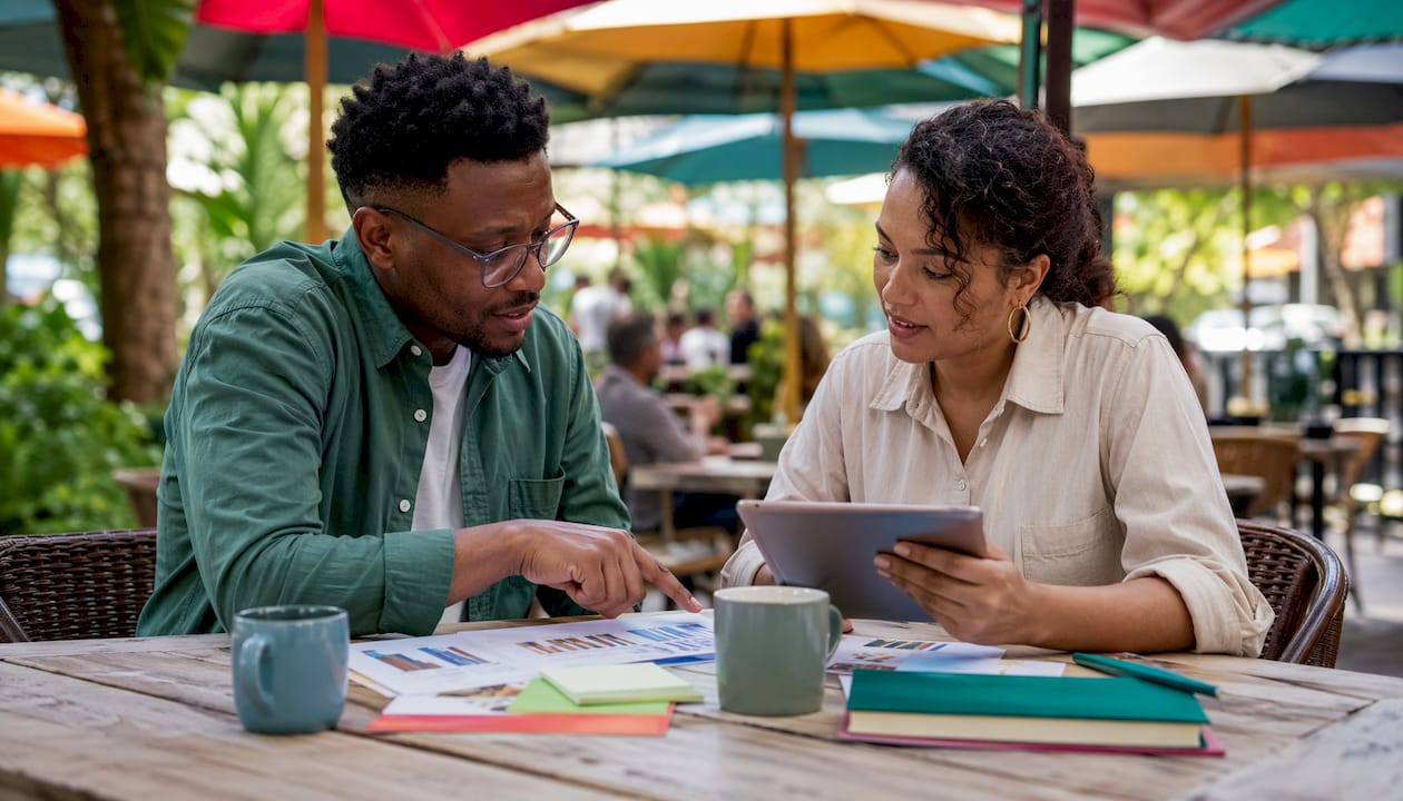 Professionals comparing remote job platforms at coworking space