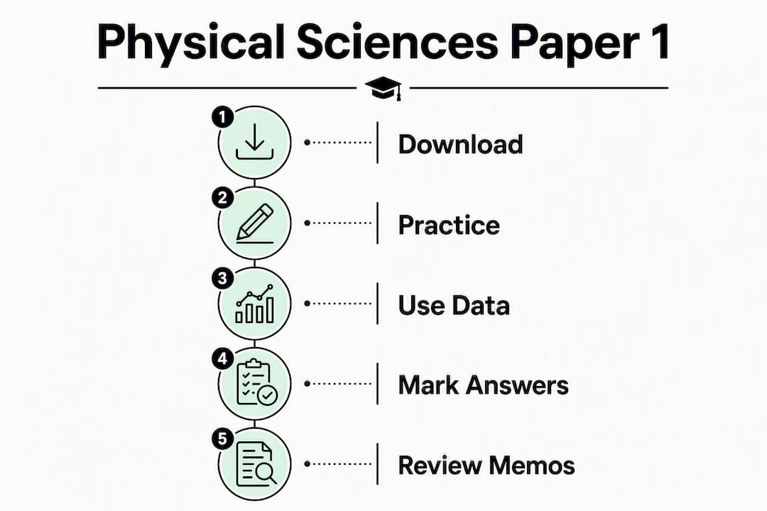 Infographic showing Physical Sciences Paper 1 practice steps