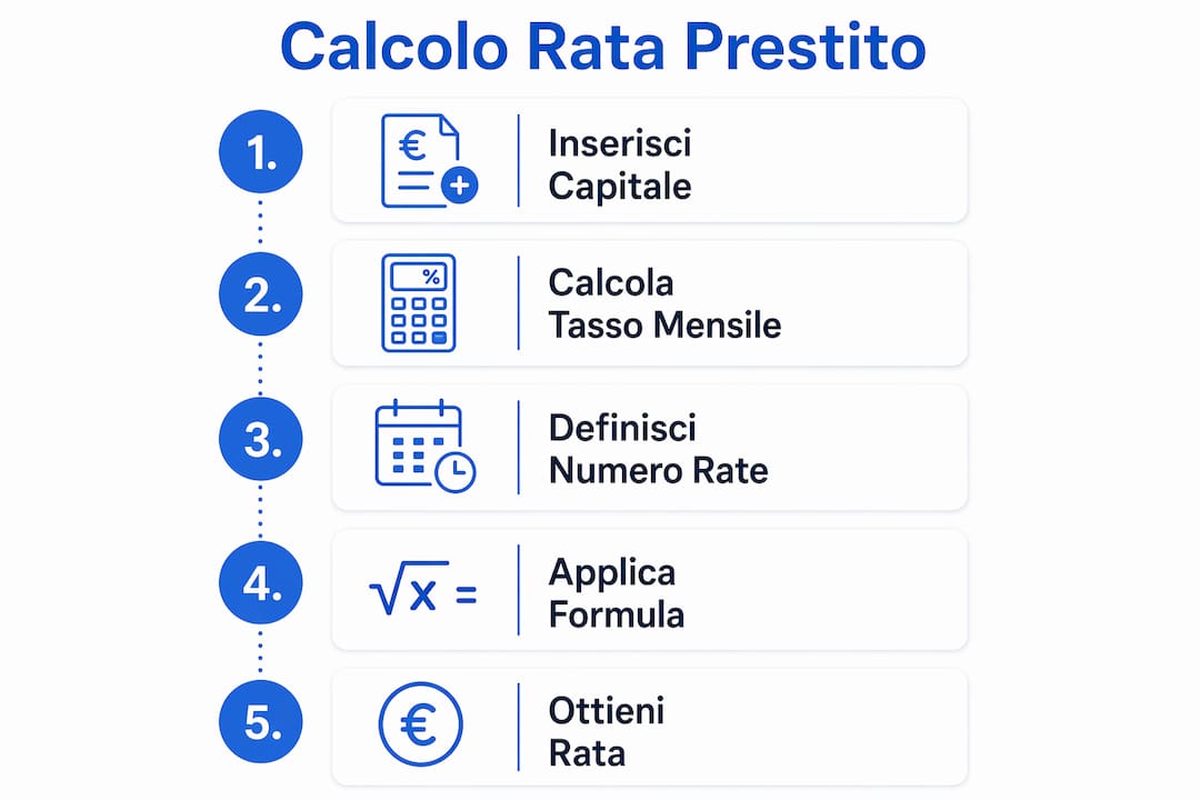 Scopri come calcolare la rata del tuo prestito passo dopo passo con questa infografica chiara e intuitiva.