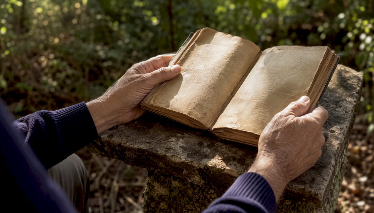 Detalle de unas manos hojeando un libro antiguo al aire libre