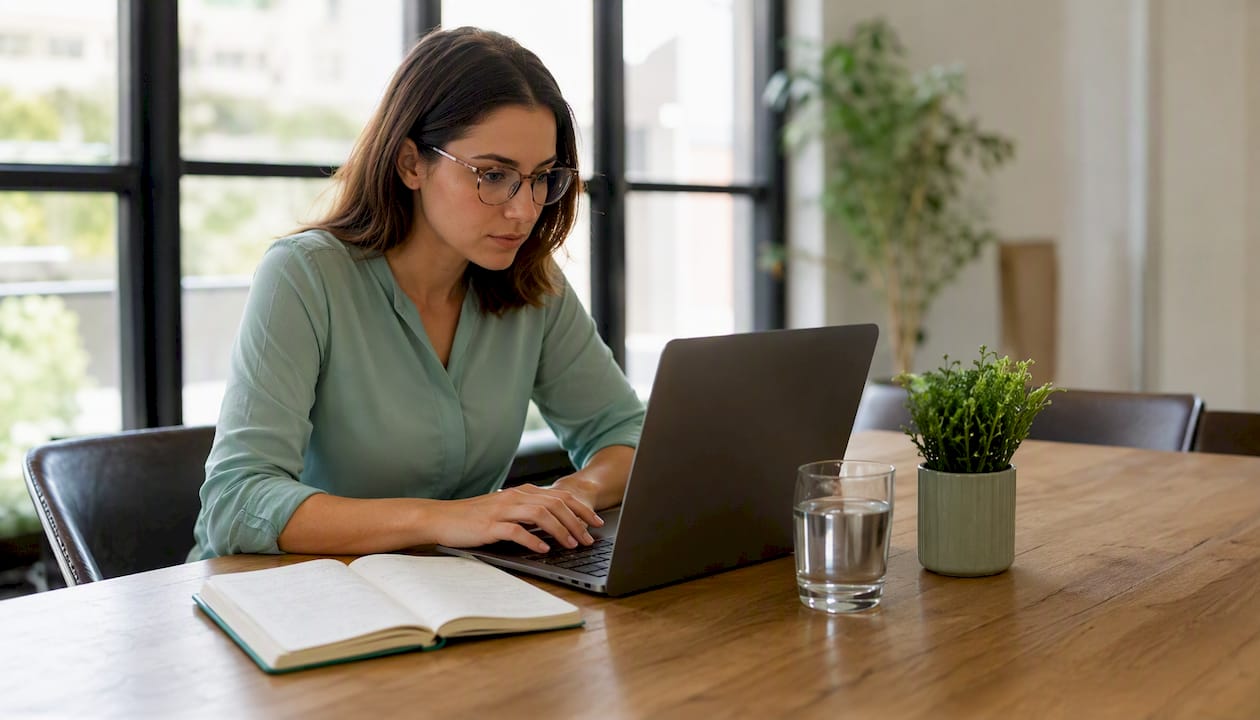 Eine Frau arbeitet konzentriert in Excel und nutzt dabei die Funktion SVERWEIS, um Daten effizient zu verknüpfen.