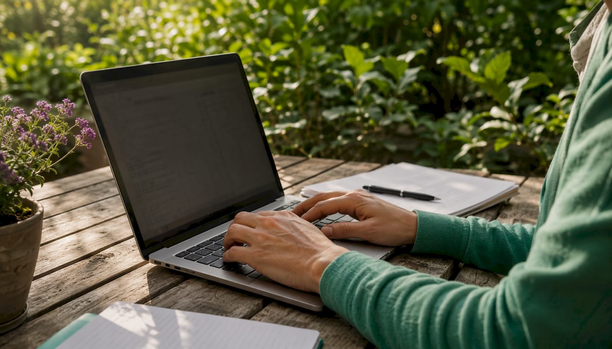 Hände tippen eine SVERWEIS-Formel in eine Excel-Tabelle auf dem Laptop ein.