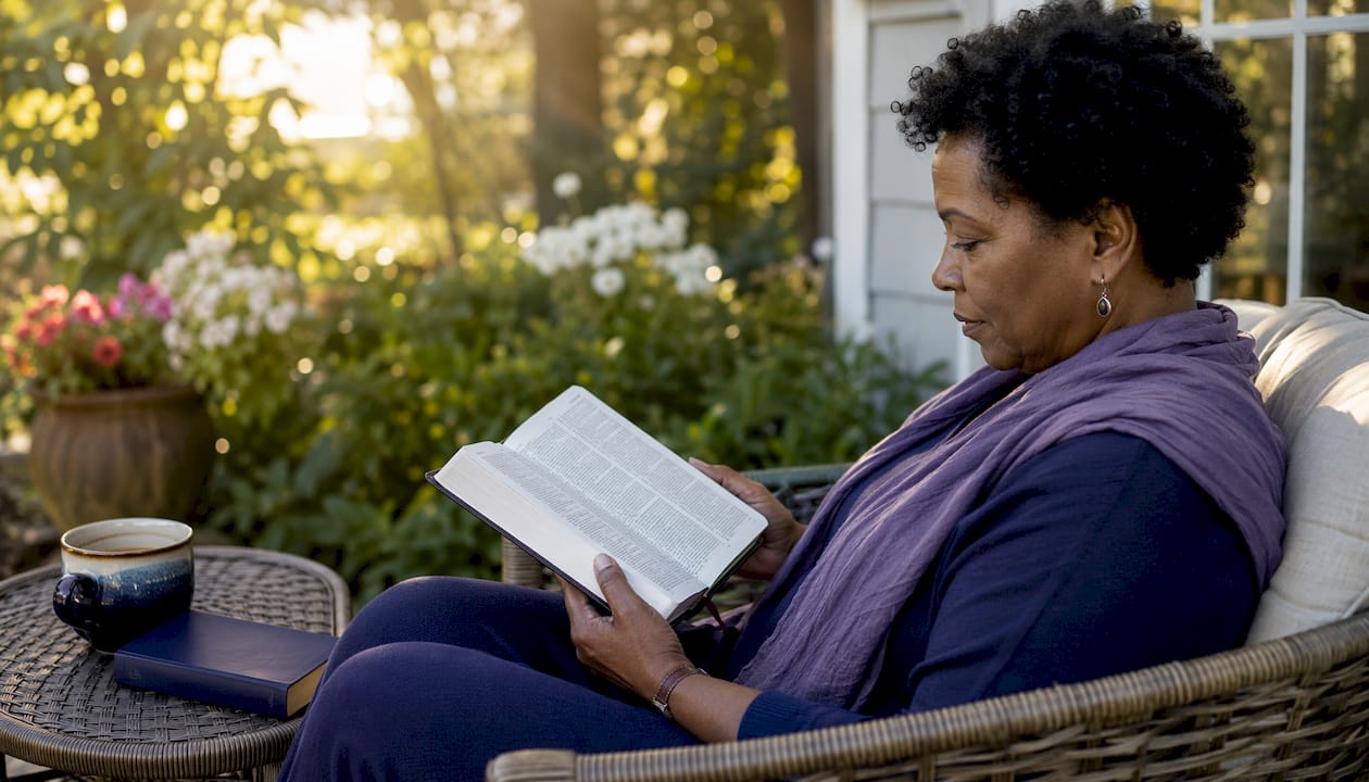 Woman reading Bible in cozy nook