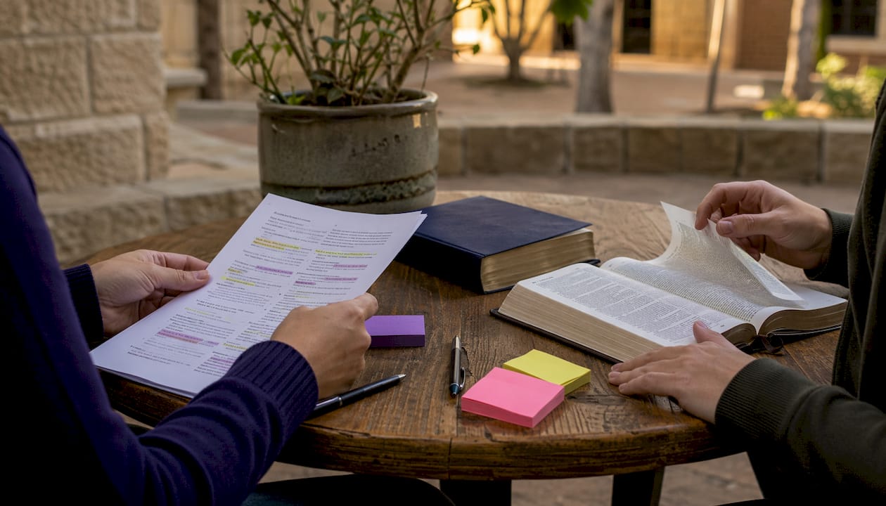 Hands studying Bible translations at church library
