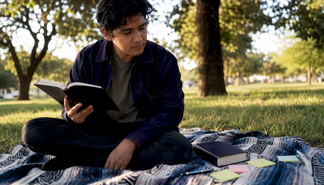 Man comparing Bible translations at home desk