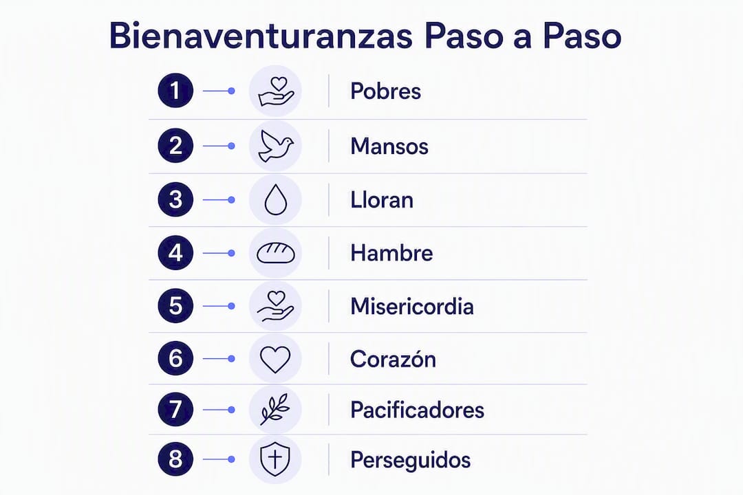 Infografía que explica cómo interpretar cada bienaventuranza, paso a paso y versículo por versículo.