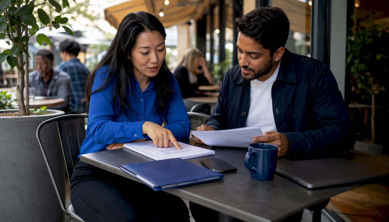 Two professionals reviewing supplier profile documents together