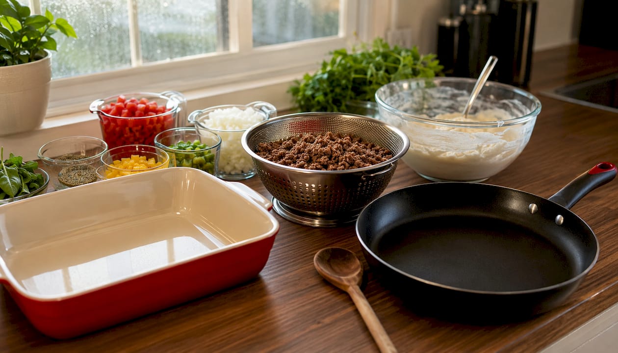 Baking dish and cooking tools for tater tot casserole