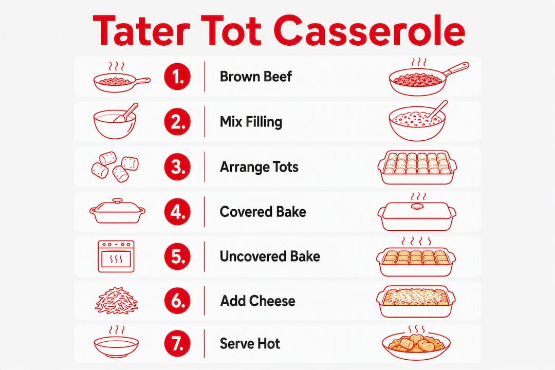 Infographic showing tater tot casserole recipe steps