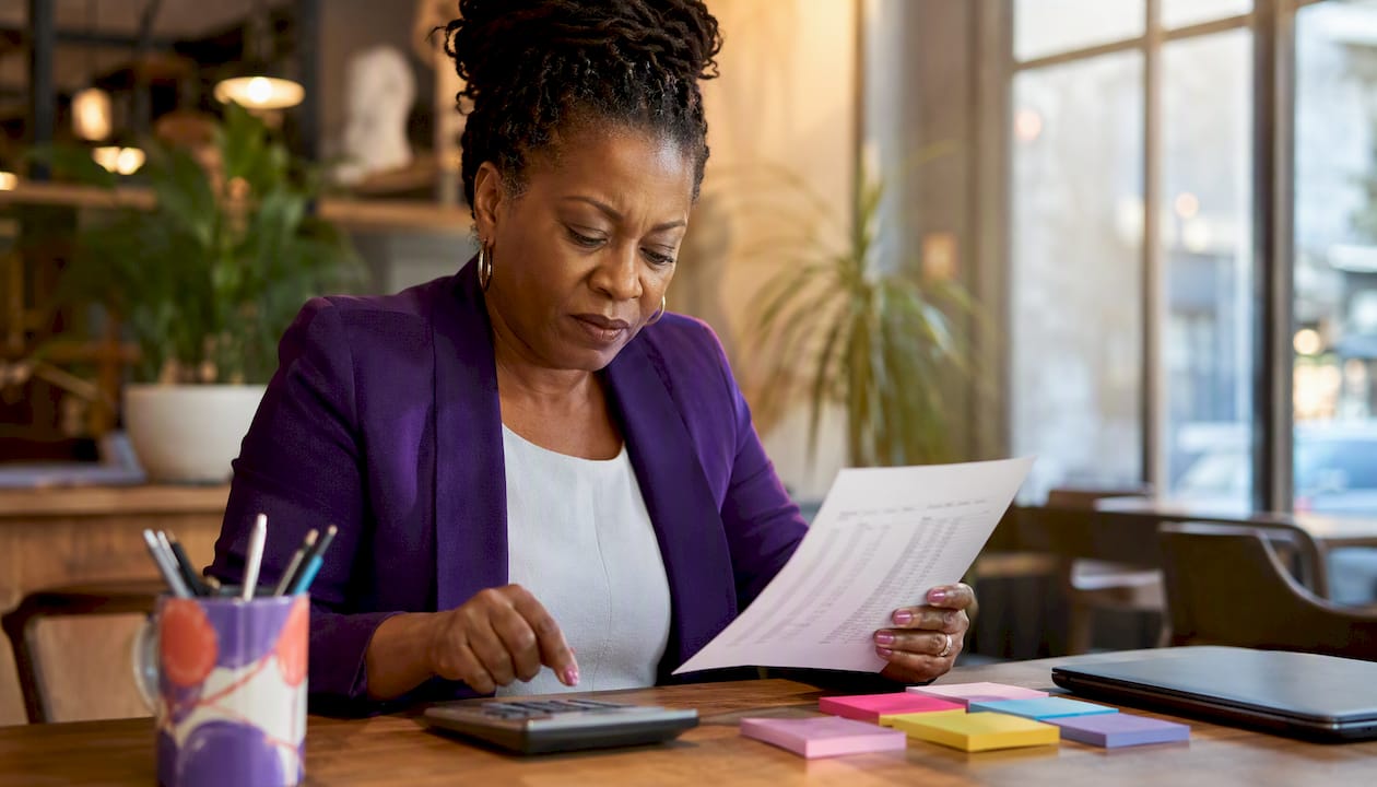 Payroll specialist calculating wages from documents