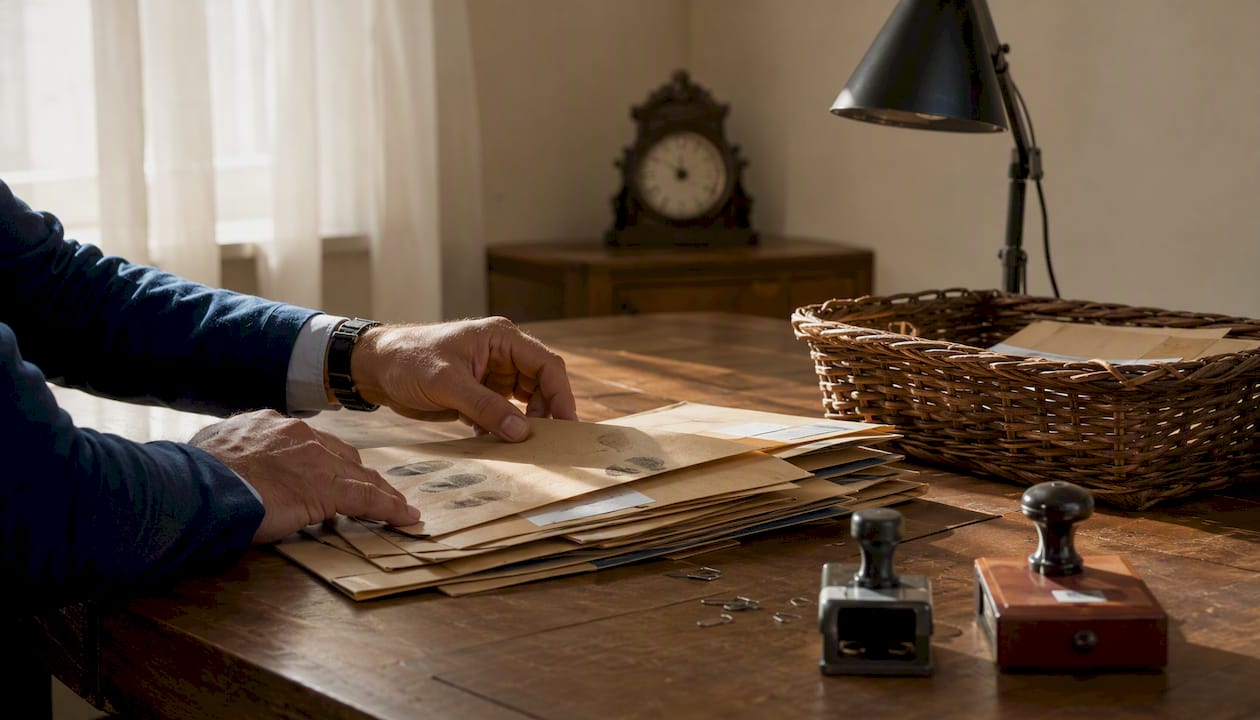 Hands sorting exhibit folders in commission room
