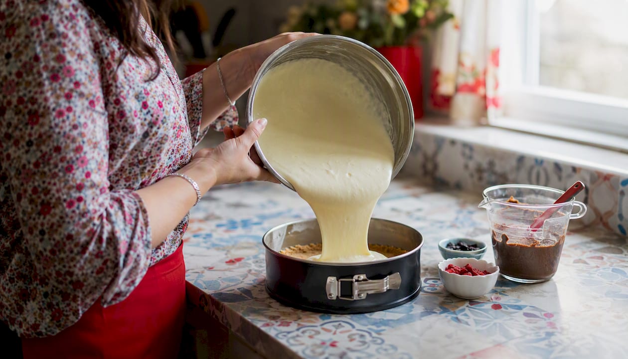 Smoothing cheesecake filling in springform pan