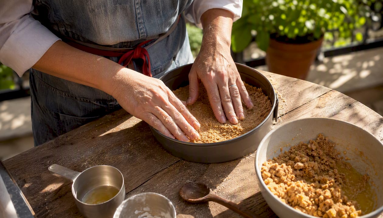 Hands pressing crust into cheesecake pan