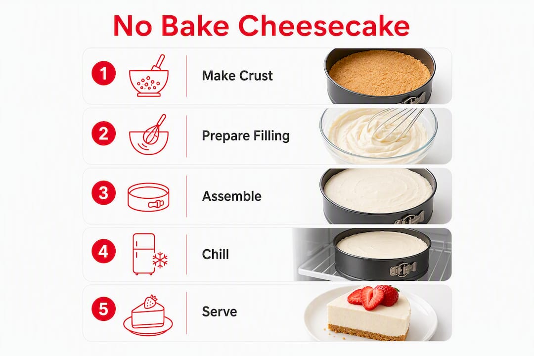 Infographic illustrating no bake cheesecake steps