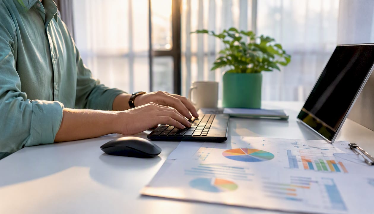 Im Besprechungsraum werden gerade KPIs am Laptop eingetippt.